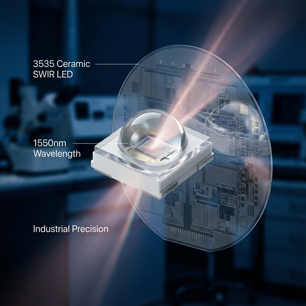 恒彩电子HC3535GHIR15-1C45陶瓷红外灯珠在1550nm波长下穿透硅晶圆进行工业精密检测的微距特写,突出其在机器视觉领域的应用。
