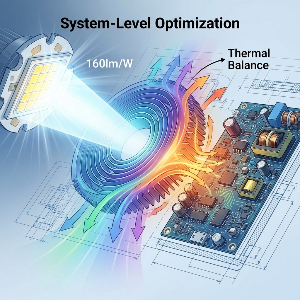 高功率LED系统级优化设计概念图，展示芯片、驱动和散热的平衡