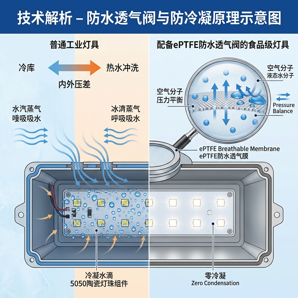 防水透气阀与防冷凝原理示意图，左侧普通灯具因温差冷凝水滴布满灯珠，右侧食品级灯具配备ePTFE防水透气阀，微孔阻挡液态水分子，允许空气分子通过平衡压力，内部恒彩电子5050陶瓷灯珠组件保持干燥，标注‘ePTFE Breathable Membrane’、‘Pressure Balance’、‘Zero Condensation’。
