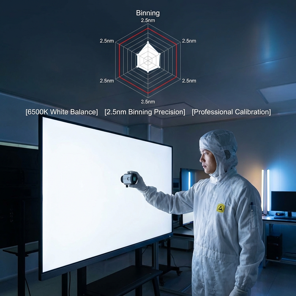 工业质检风格的室内显示屏最终成品图，屏幕呈现纯净的6500K白平衡，无“马赛克”或偏色。画面叠加波长分选雷达图（2.5nm以内），工程师正用色度计进行专业测量，展示高品质交付成果。