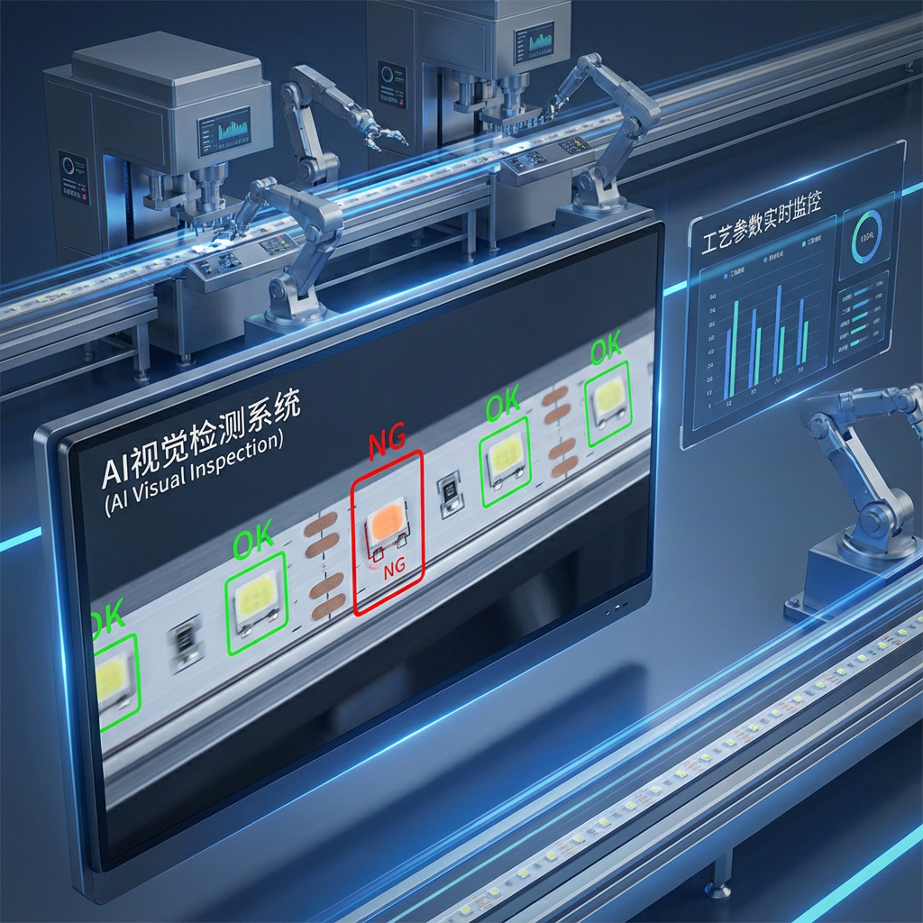 现代化LED封装车间中的AI视觉检测系统,屏幕实时显示引脚检测结果,背景是自动化生产设备。