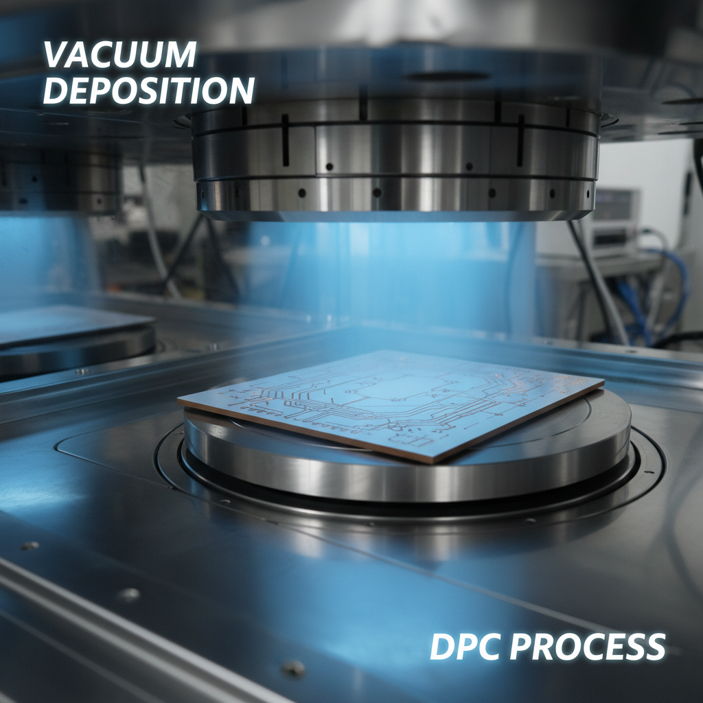 高精密真空溅射（PVD）设备内部，金属原子在淡蓝色等离子体辉光中均匀沉积于氮化铝基板表面，形成精密的DPC金属化电路层。