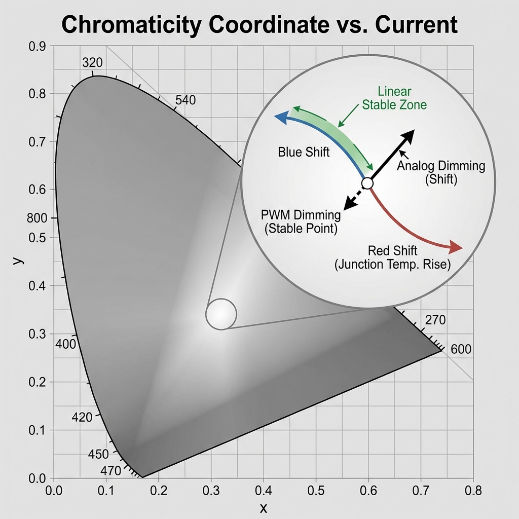 CIE 1931色度坐标系图，展示色坐标随电流变化的漂移轨迹，包括蓝移和红移，并强调PWM调光的优势。