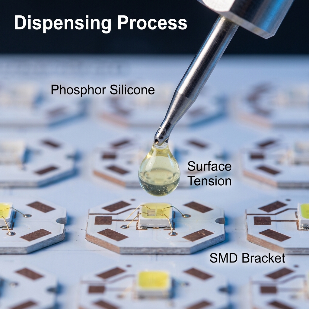 工业微距摄影展示精密点胶，高精密针尖正将荧光粉胶水精准滴落在LED支架上方，胶水因表面张力形成完美弧面，内部可见荧光粉颗粒。