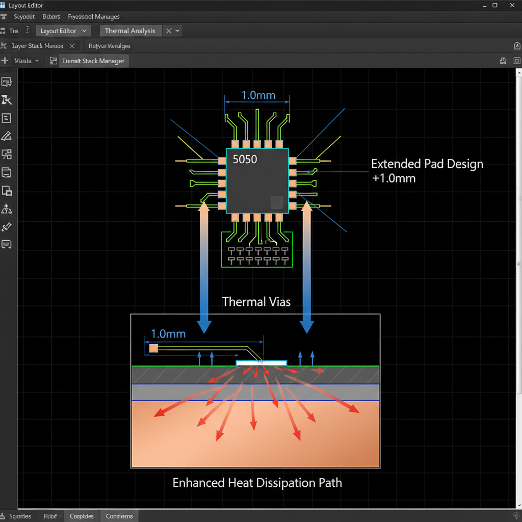 展示4脚5050 LED在PCB Layout中散热与焊盘优化方案，重点表现焊盘向外延伸1.0mm以及芯片底部中心区域的‘田’字形散热过孔设计，通过剖面透视图强调热量传导至背面铜箔。
