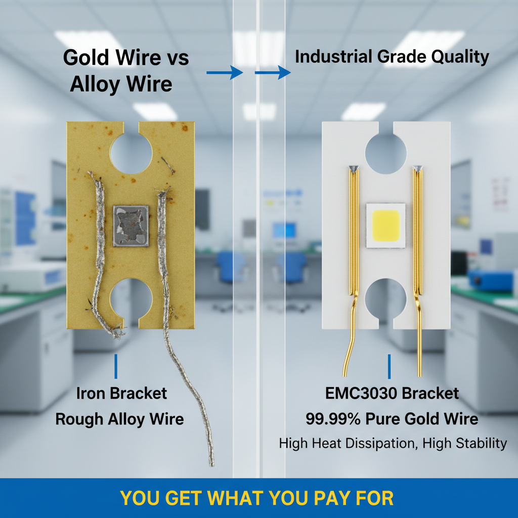 高质量LED光源与廉价光源的对比，展示金线与EMC支架的优越性