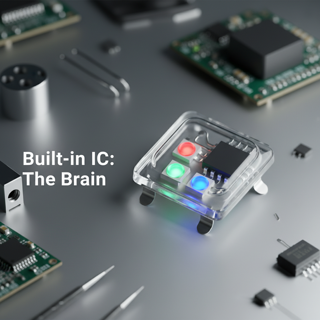 5050幻彩LED内部结构特写，展示了红、绿、蓝LED晶片和内置IC驱动芯片，并标注IC为“控制核心”