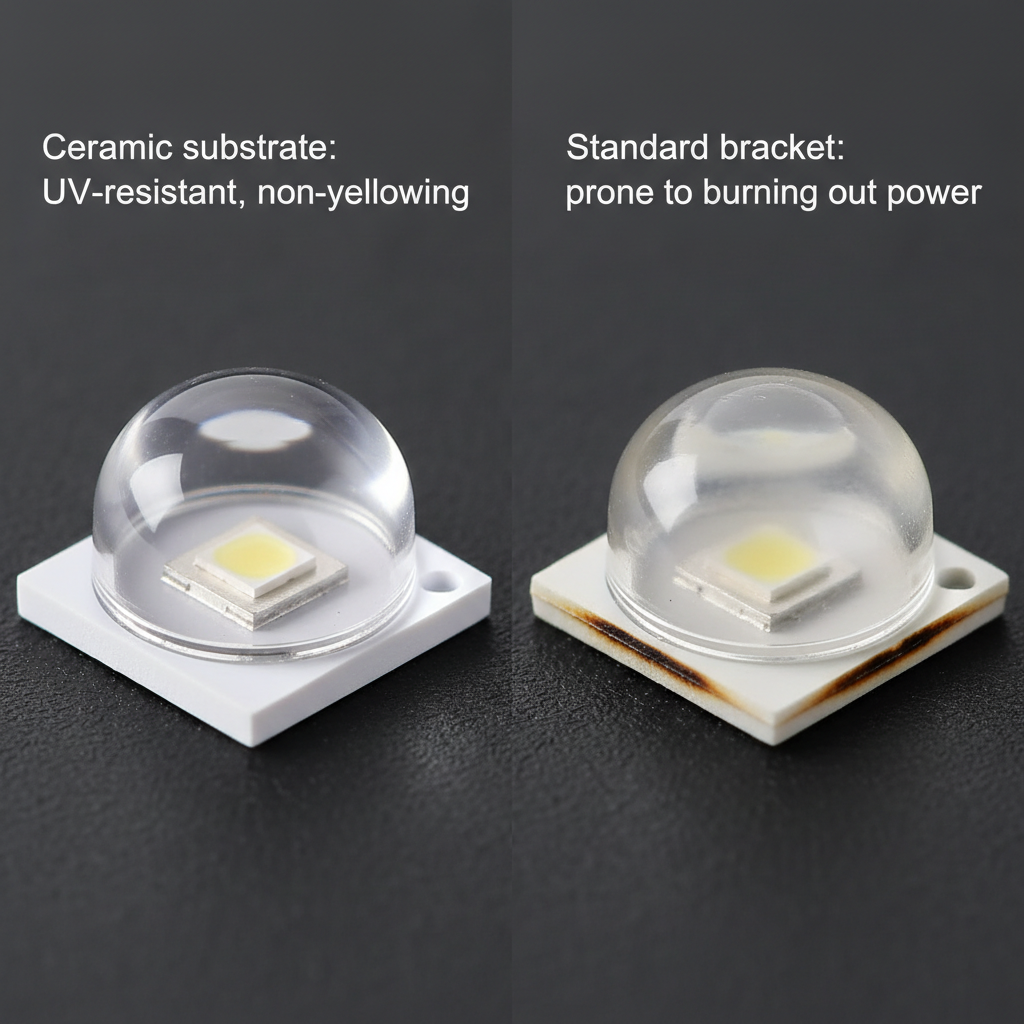 5050陶瓷封装LED与传统塑料封装LED的对比，陶瓷基板抗UV不发黄，塑料支架易烤焦掉功率。