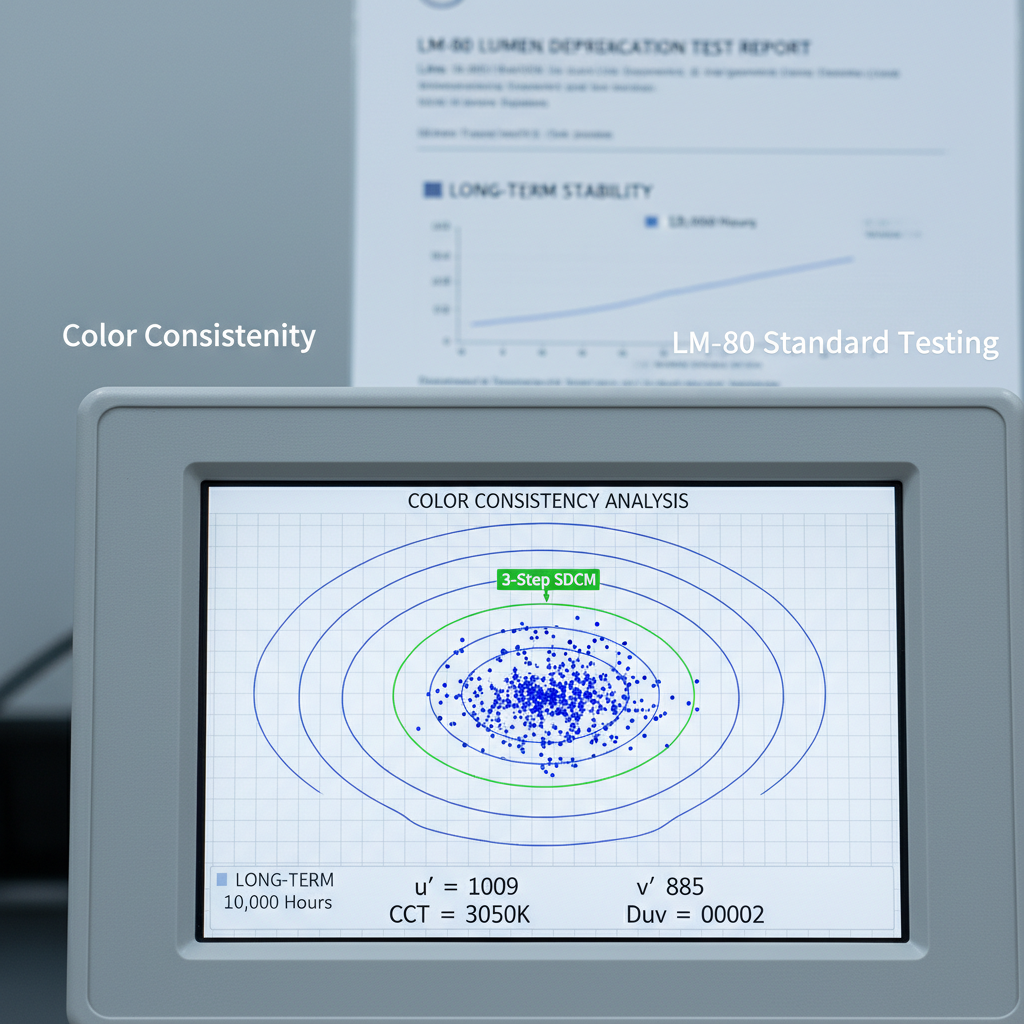 质量检测场景，特写一台高精度分光仪的显示屏，屏幕显示麦克亚当椭圆（MacAdam Ellipse）图表，数据点集中在3步色容差（3-step SDCM）内，背景模糊处为一份LM-80光衰测试报告，强调高标准品控和长期稳定性。