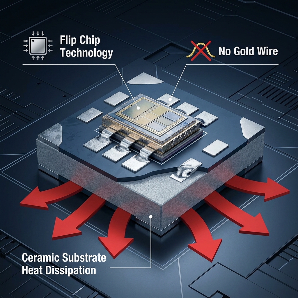 3535灯珠内部结构3D剖面图，展示倒装芯片与陶瓷基板带来的无金线封装和高效散热