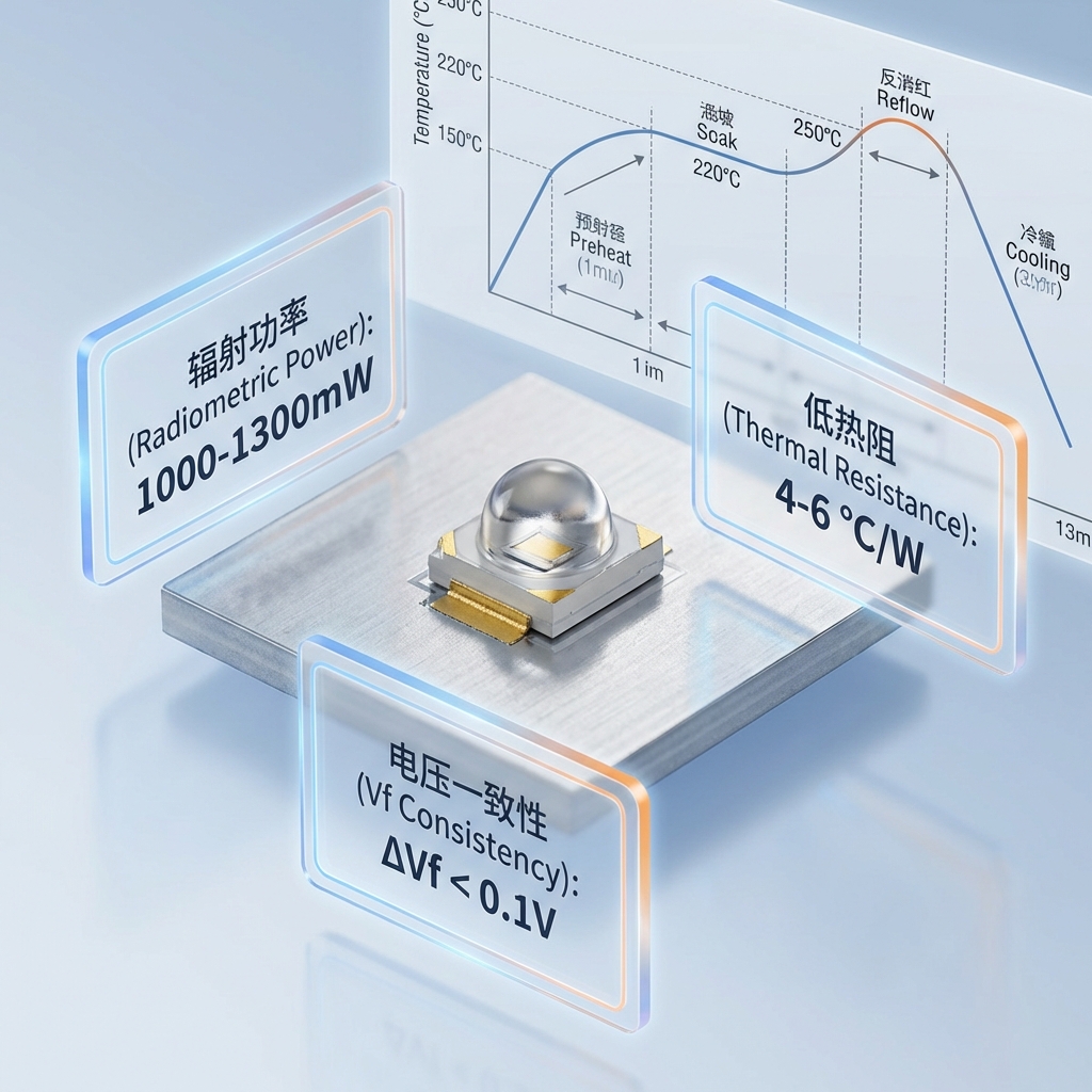 3535陶瓷红外灯珠专业技术参数总结图，展示辐射功率、低热阻和电压一致性等关键指标。