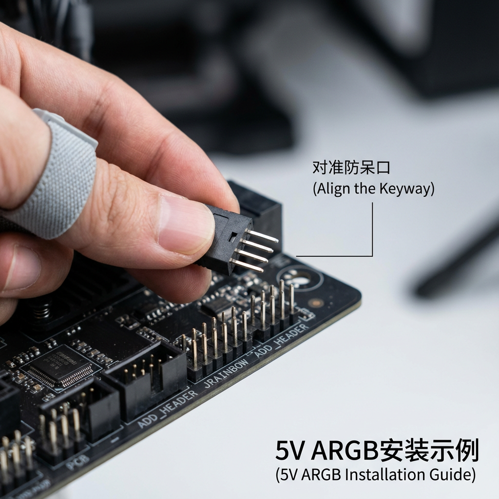 一张近距离的特写摄影风格插图，展示主板灯控接口的正确接线步骤。画面中，一只戴着防静电手环的手正拿着一个3-Pin的ARGB母头，准备插入主板上标有“JRAINBOW”或“ADD_HEADER”的接口。插头的空缺位置正对着主板接口上缺失的针脚，完美体现文章中强调的“防呆设计”。主板PCB上的丝印文字清晰可见，光线聚焦在接口的金属针脚上，展现出高精度的工业质感。背景略微虚化，使读者的注意力集中在“对准”和“插入”的动作上，极具教学指导意义。文字标注：对准防呆口 (Align the Keyway), 5V ARGB安装示例 (5V ARGB Installation Guide)。