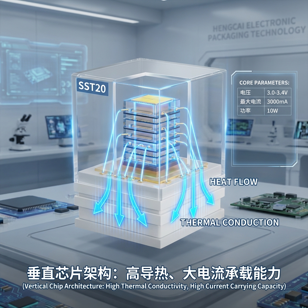 SST20灯珠的3D剖面结构图，清晰展示垂直芯片技术和陶瓷基板，蓝色箭头模拟热量传导，右侧列出核心参数，标注：垂直芯片架构：高导热、大电流承载能力 (Vertical Chip Architecture: High Thermal Conductivity, High Current Carrying Capacity).