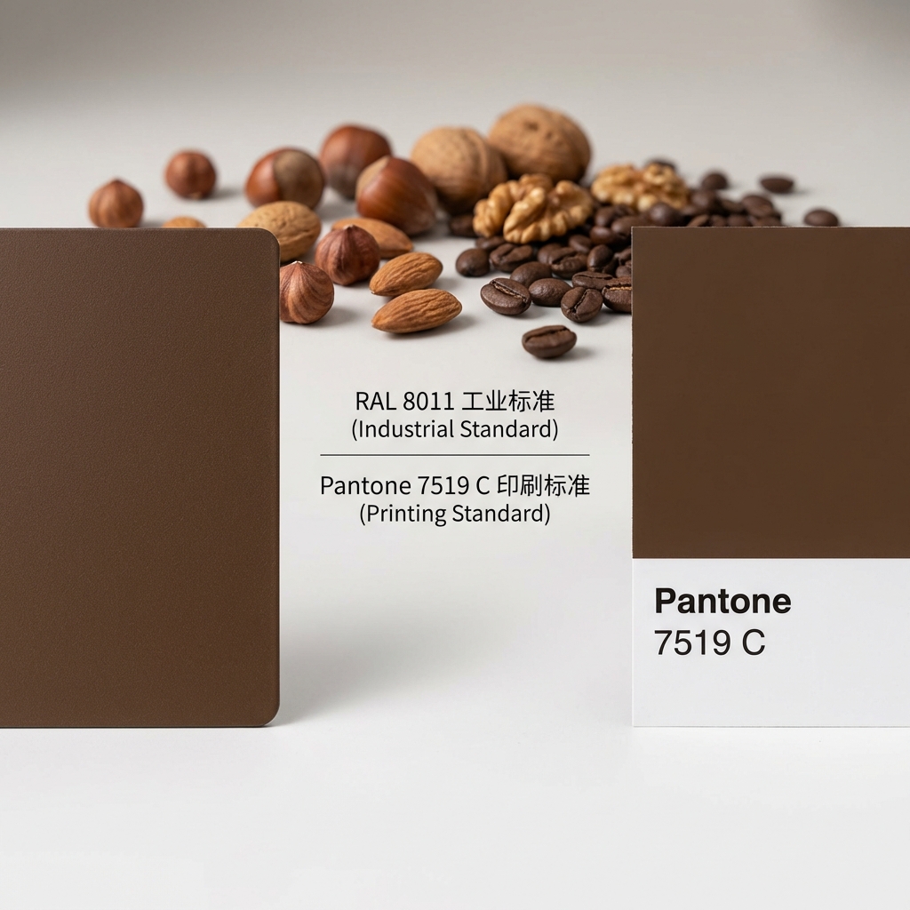 RAL 8011 工业标准与 Pantone 7519 C 印刷标准的视觉对比图，显示了坚果褐在不同材质上的高度接近性。