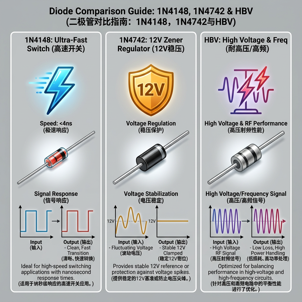 一张直观的对比信息图，展示HBV二极管、1N4148开关二极管与1N4742稳压二极管的区别。画面分为三个并列的区块：左侧是1N4148，配有闪电图标表示极速响应（<4ns）；中间是1N4742，配有稳压盾牌图标，标注12V稳压值；右侧是HBV二极管，展示其在高压环境下的平衡性能。每种二极管下方配有简化的波形图，展示它们对信号处理的不同结果。Text Annotations: 'HBV: High Voltage & Freq (耐高压/高频)', '1N4148: Ultra-Fast Switch (高速开关)', '1N4742: 12V Zener Regulator (12V稳压)'. 这种对比图表旨在帮助工程师快速理解选型差异，背景采用中性灰色，突出核心组件。