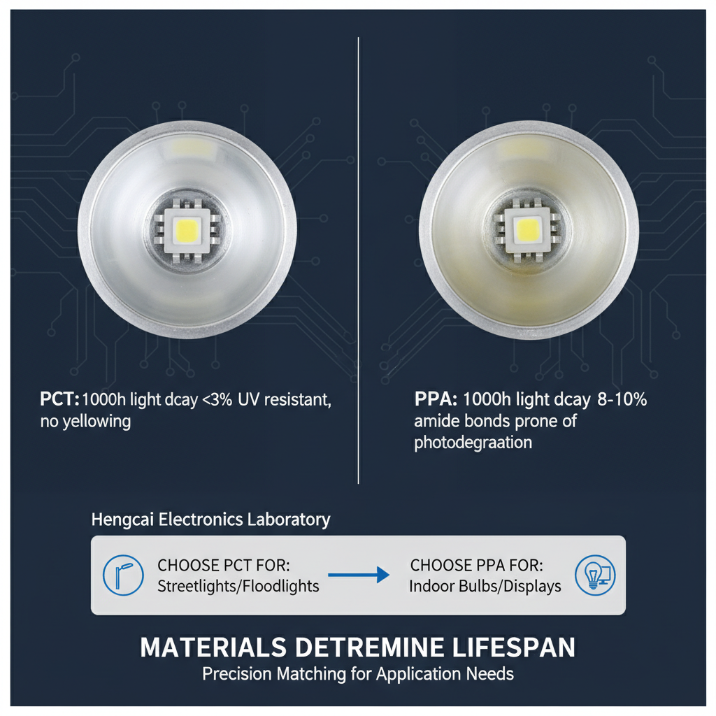 LED支架长期可靠性与抗黄变对比图。左侧PCT支架经过1000小时老化后依然洁白如新，光衰小于3%；右侧PPA支架则出现明显黄变，光衰达8-10%。下方配有恒彩电子实验室的选型建议：路灯/投光灯选PCT，室内球泡灯/显示屏选PPA。