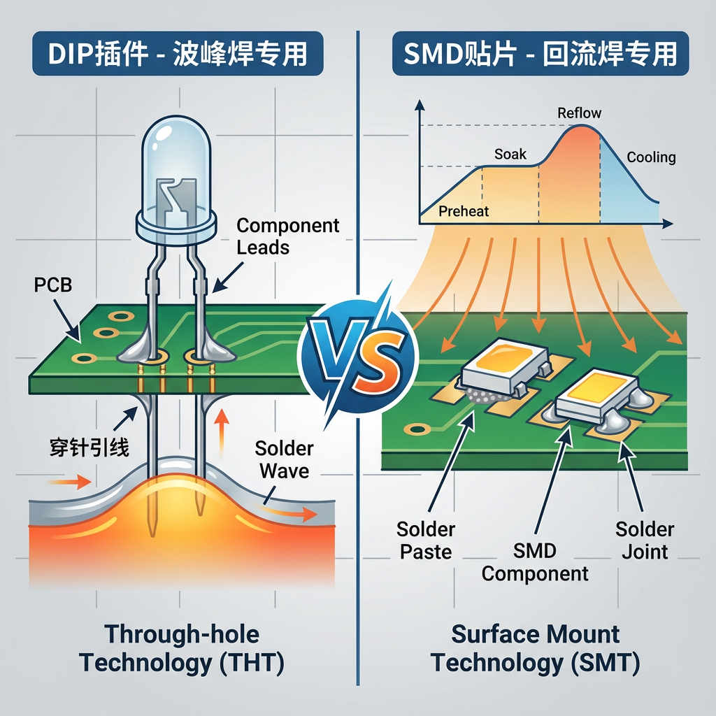 左右对比图清晰展示波峰焊（DIP插件LED灯珠）和回流焊（SMD贴片LED灯珠）的适用场景，用‘VS’分隔，辅以英文标注强调技术差异。