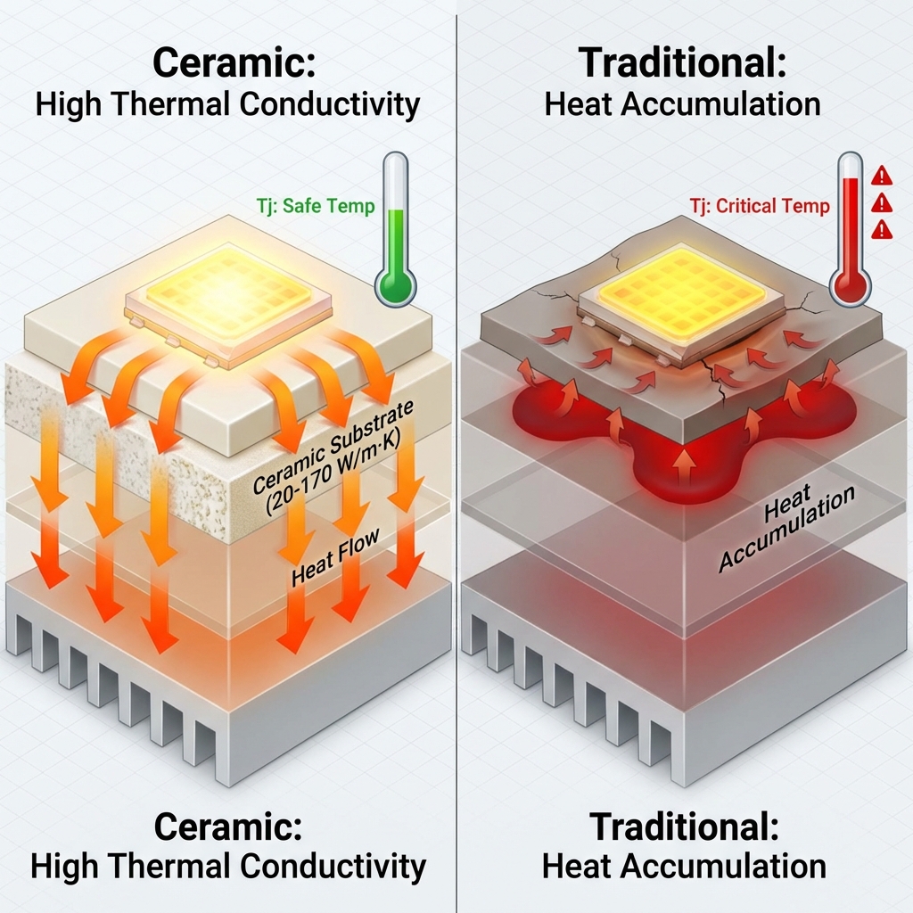 陶瓷基板与传统材料热管理对比图，展示陶瓷的高导热优势