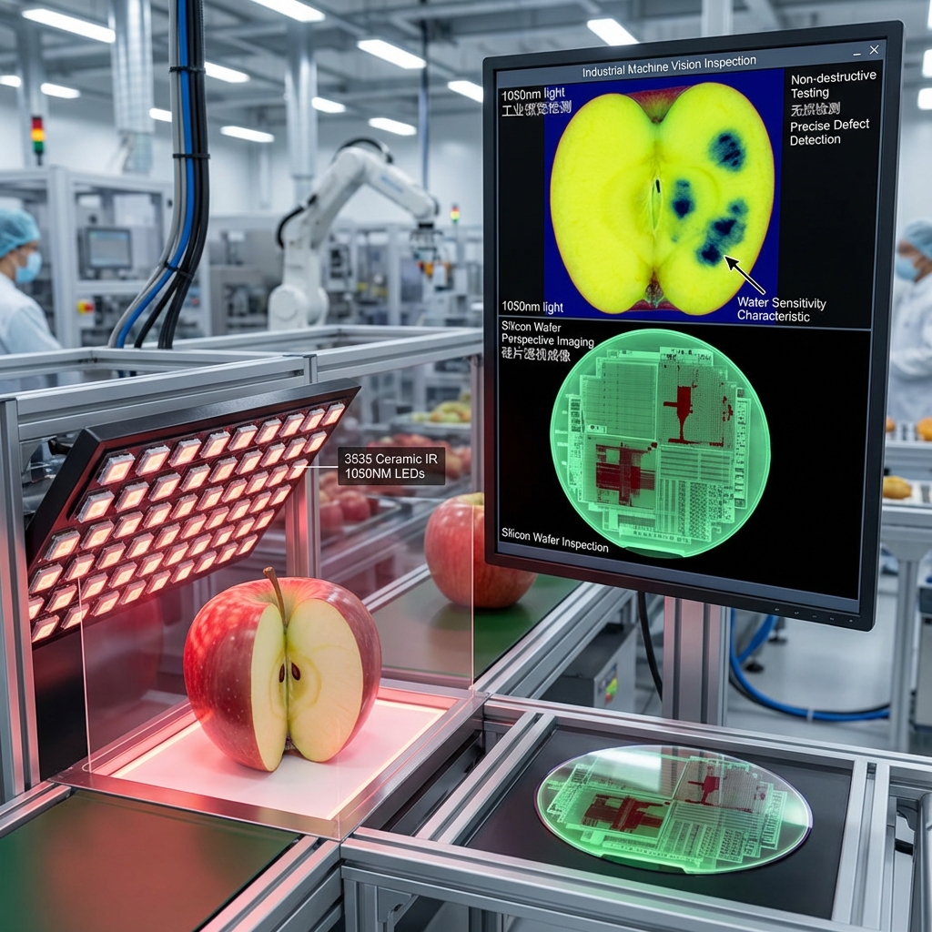 3535陶瓷红外1050NM灯珠在工业机器视觉应用中，通过其水分敏感特性实现水果无损检测和硅片透视成像，展现其在食品分选与半导体检测中的商业价值