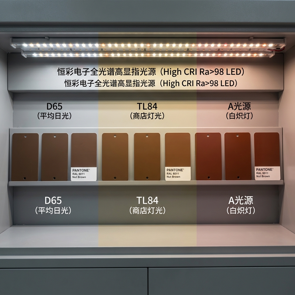 标准光源对色灯箱内，RAL 8011 在D65、TL84、A光源下显示的不同色调，突出光源对色彩判定的关键作用，并展示恒彩电子高显指LED光源。