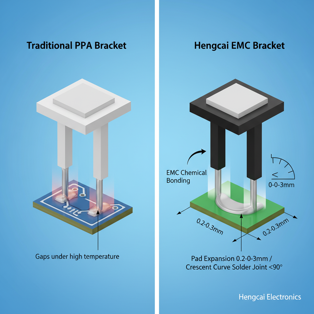 技术对比示意图，展示EMC支架与焊盘外扩设计如何提升LED灯珠牢固度。左侧传统PPA支架在高温下可能出现微小缝隙，右侧EMC支架显示完美的化学键合和0.2-0.3mm的焊盘外扩，形成理想的月牙弯圆角。