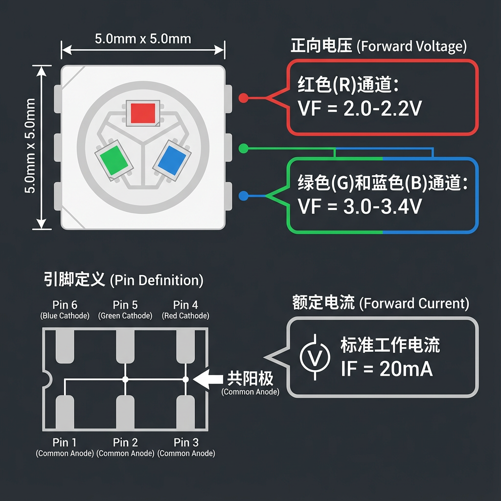 5050 RGB 6脚LED灯珠电气参数分解图，包含正向电压、额定电流和引脚定义。