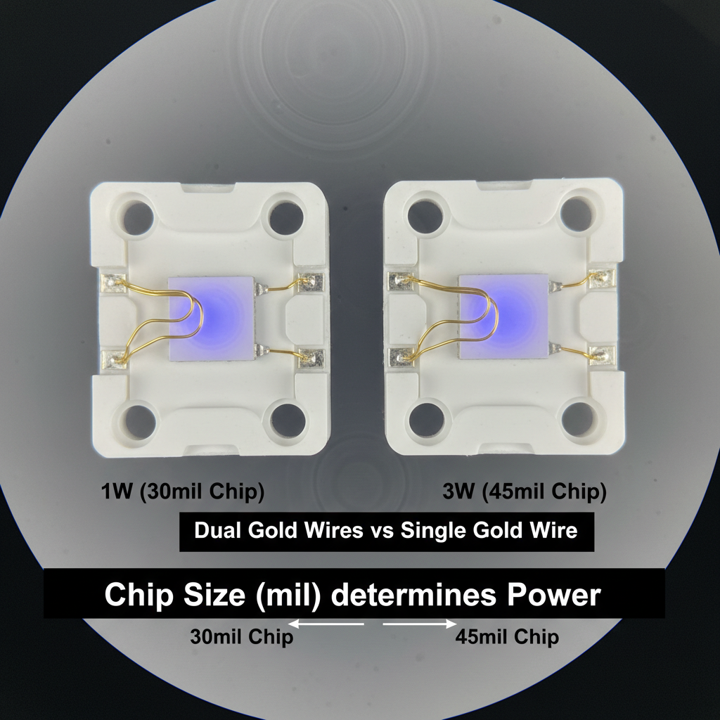 1W和3W LED灯珠内部结构显微对比图，显示30mil和45mil芯片尺寸及金线数量差异，均封装在EMC支架内。