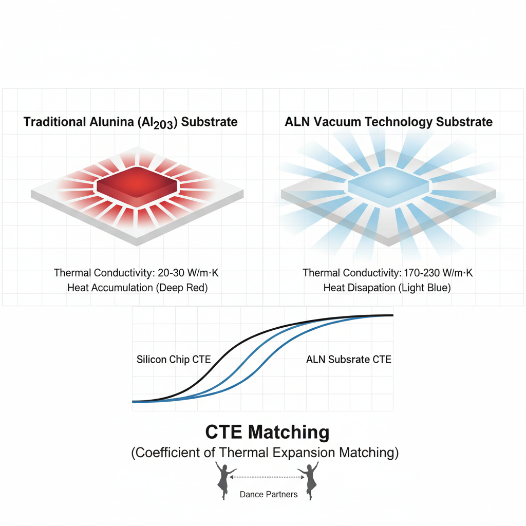 ALN真空技术与传统氧化铝Al2O3基板的热导率对比，以及ALN与硅芯片的热膨胀系数CTE匹配度示意图，形象展示其如同舞伴般的一致性。