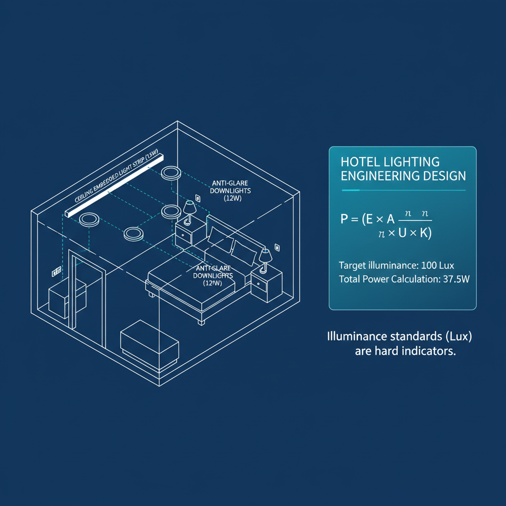 一张基于15㎡酒店客房案例的专业照明工程功率分配示意图，展示天花板灯带15W、防眩光筒灯12W、床头阅读灯3W*2，并配有功率计算公式面板，强调照度标准是硬指标。