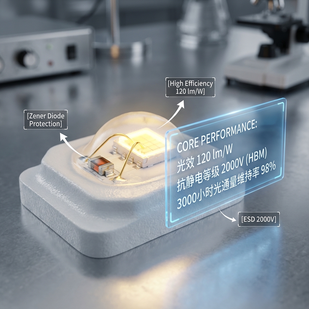 实验室微距镜头下的LED灯珠特写，展示金线焊接点和齐纳二极管（Zener Diode）等内部可靠性工程细节，同时显示光效、抗静电等级和光通量维持率等关键性能指标。