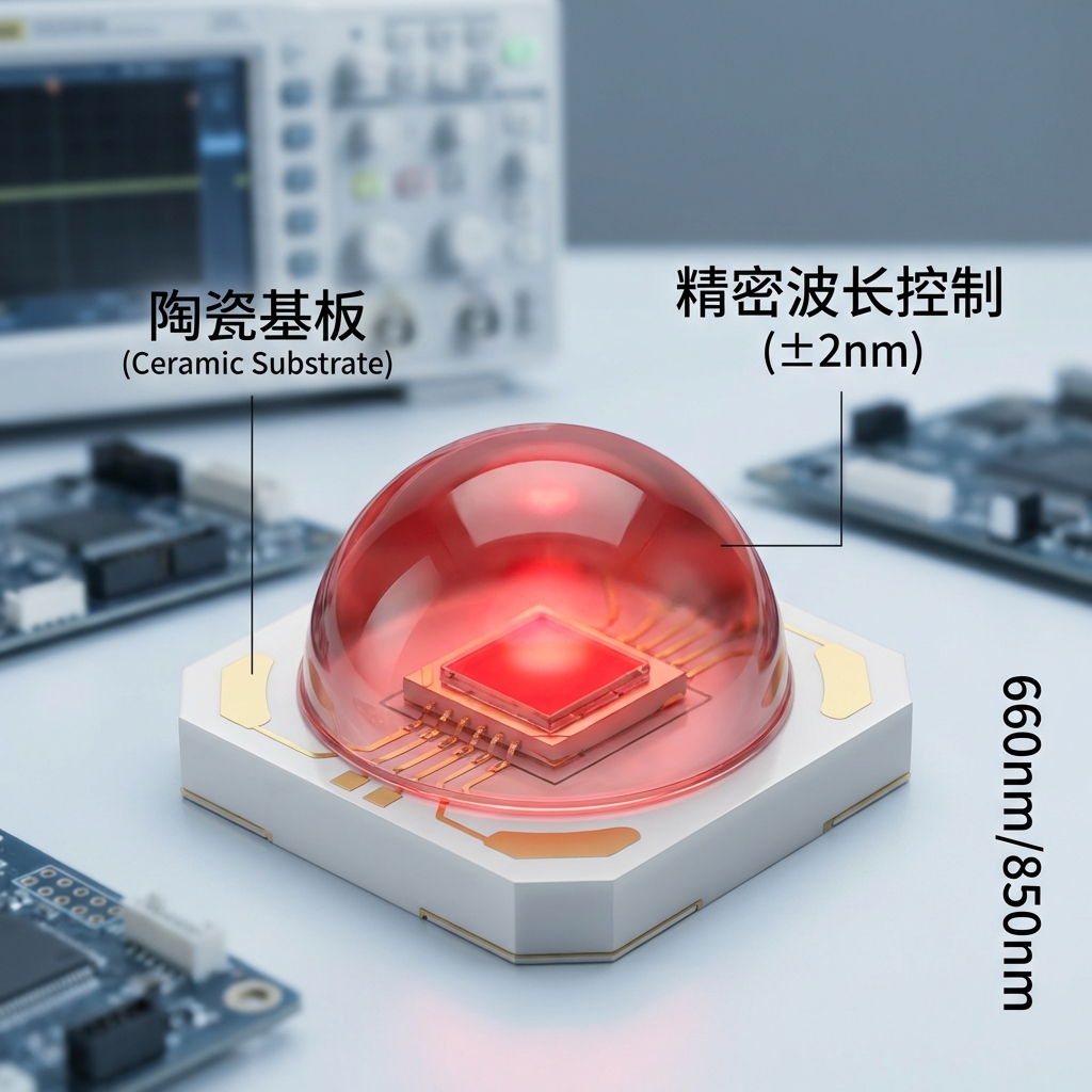 特写镜头展示恒彩电子3535陶瓷LED理疗灯珠，洁白的氧化铝陶瓷基板与高透明度硅胶透镜清晰可见，中心发出纯净的660nm深红光，背景为模糊的精密电子实验室，并标注“陶瓷基板”、“精密波长控制 (±2nm)”和“660nm/850nm”。