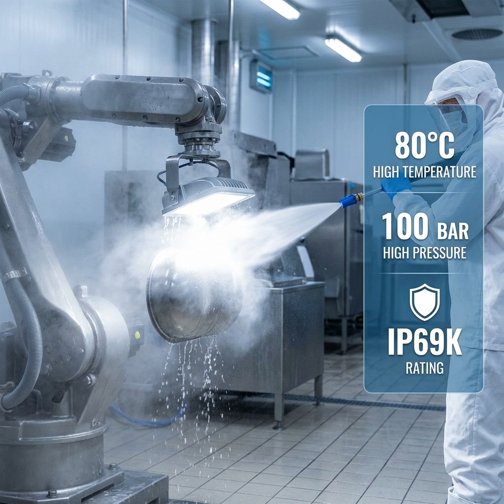 食品加工厂内工业机器人手臂旁安装的恒彩电子IP69K LED照明灯，操作员正用高压水枪（80°C高温, 100 Bar高压）冲洗灯具和机器人，水花飞溅，灯光保持高亮度无闪烁，信息框标注IP69K防护等级，强调其作为“卫生安全盾牌”的概念。