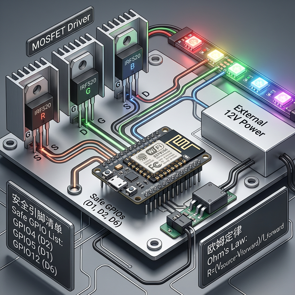 ESP8266通过MOSFET驱动高功率RGB灯带的3D等轴测电路图,标注了安全GPIO引脚和欧姆定律公式,强调安全性与大电流驱动。