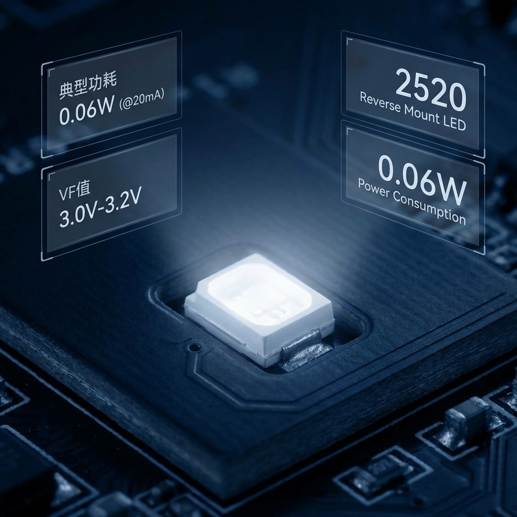2520反贴白光LED在PCB板上的微距特写，发出柔和白光，UI数据框标注核心参数，强调产品精密性和低能效特征，横屏比例。