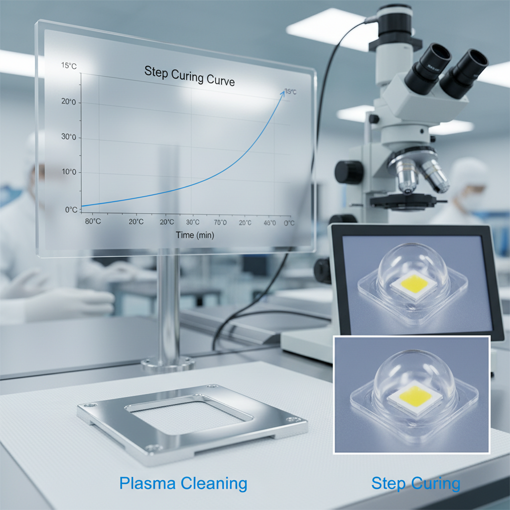 LED封装工艺中的等离子清洗和阶梯固化曲线，旨在提高胶水与基板结合力并减少内部应力，从而预防裂纹。