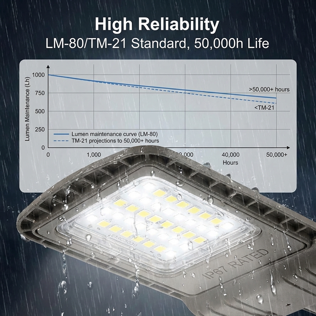 高功率LED路灯模组在极端环境下的可靠性展示，突出IP67防护和LM-80/TM-21寿命报告