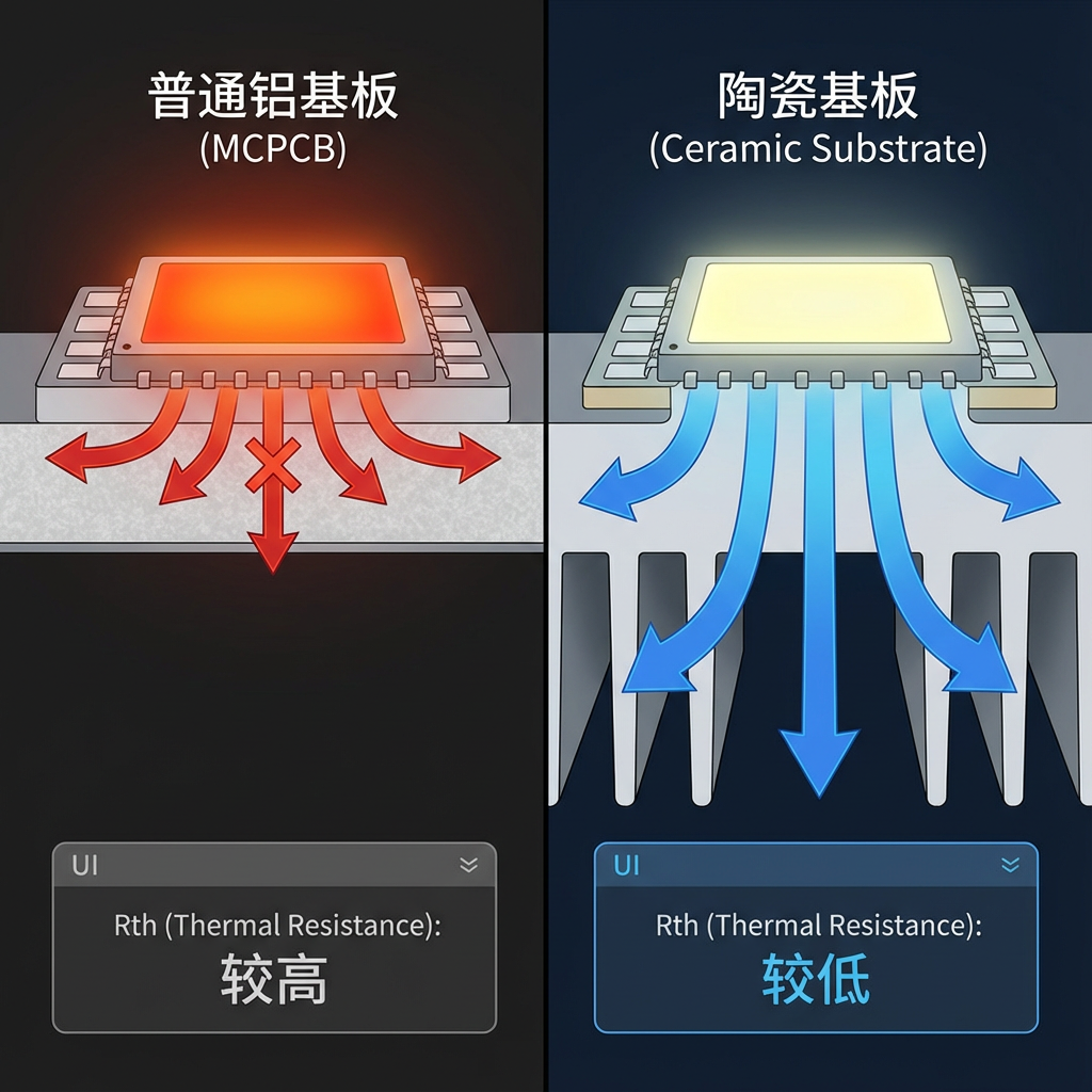 MCPCB与陶瓷基板散热对比示意：热流箭头、芯片温度与Rth差异