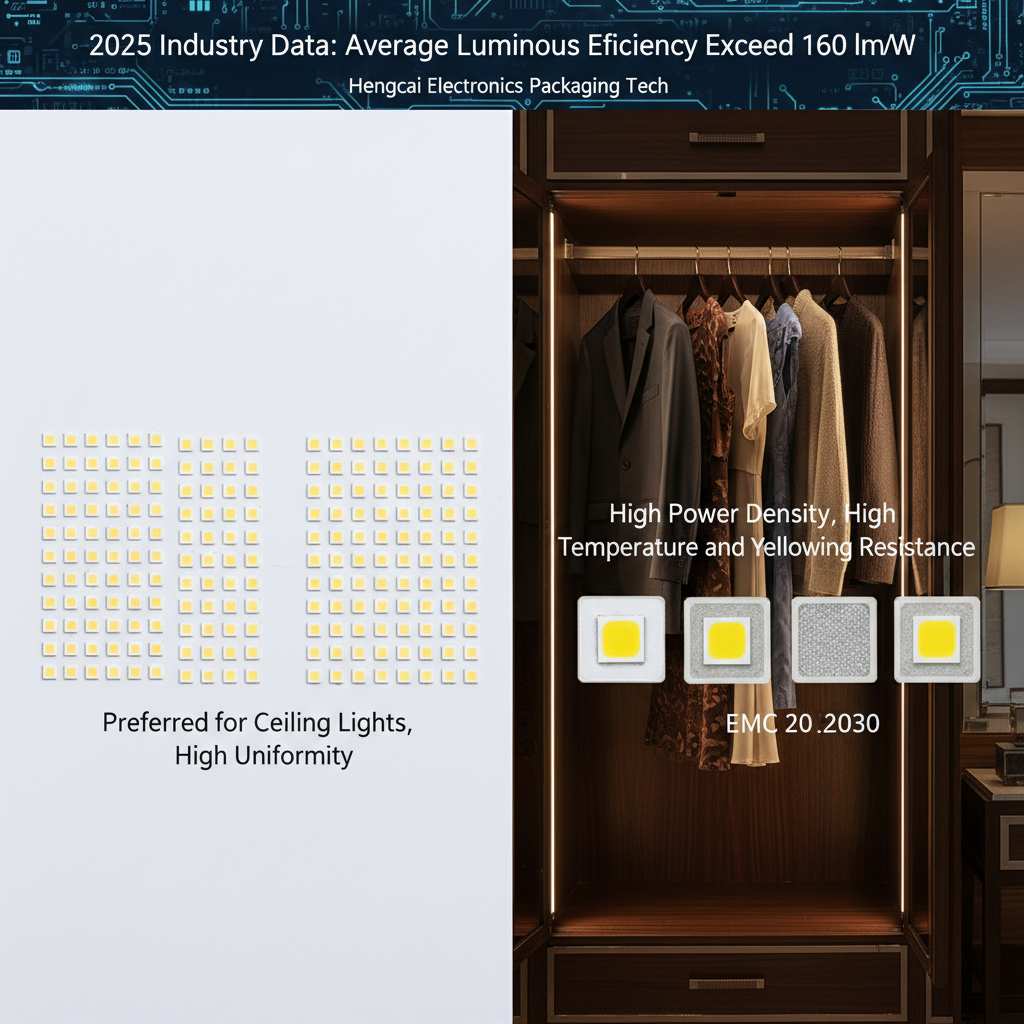 一张聚焦于LED封装技术的微距对比图，展示SMD2835灯珠的均匀度和EMC3030灯珠的高功率密度与耐温抗黄化特性。画面顶部标注2025行业数据，并配有酒店衣柜内部灯带照明应用场景，强调恒彩电子的封装优势。