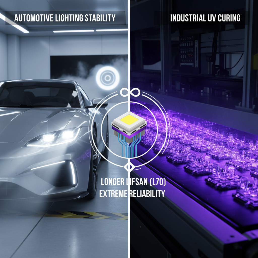3535氮化铝灯珠在汽车大灯和工业UV固化领域的应用场景，展现其在极端条件下的高稳定性、长寿命和高可靠性。画面中央特写灯珠，周围环绕着象征长寿命的无限符号。