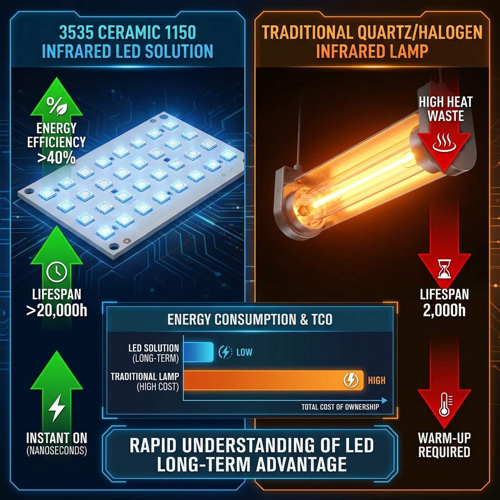 信息图对比3535陶瓷1150红外LED与传统石英/卤素红外灯在能效比、寿命和响应速度等方面的优势，强调其长期成本效益。