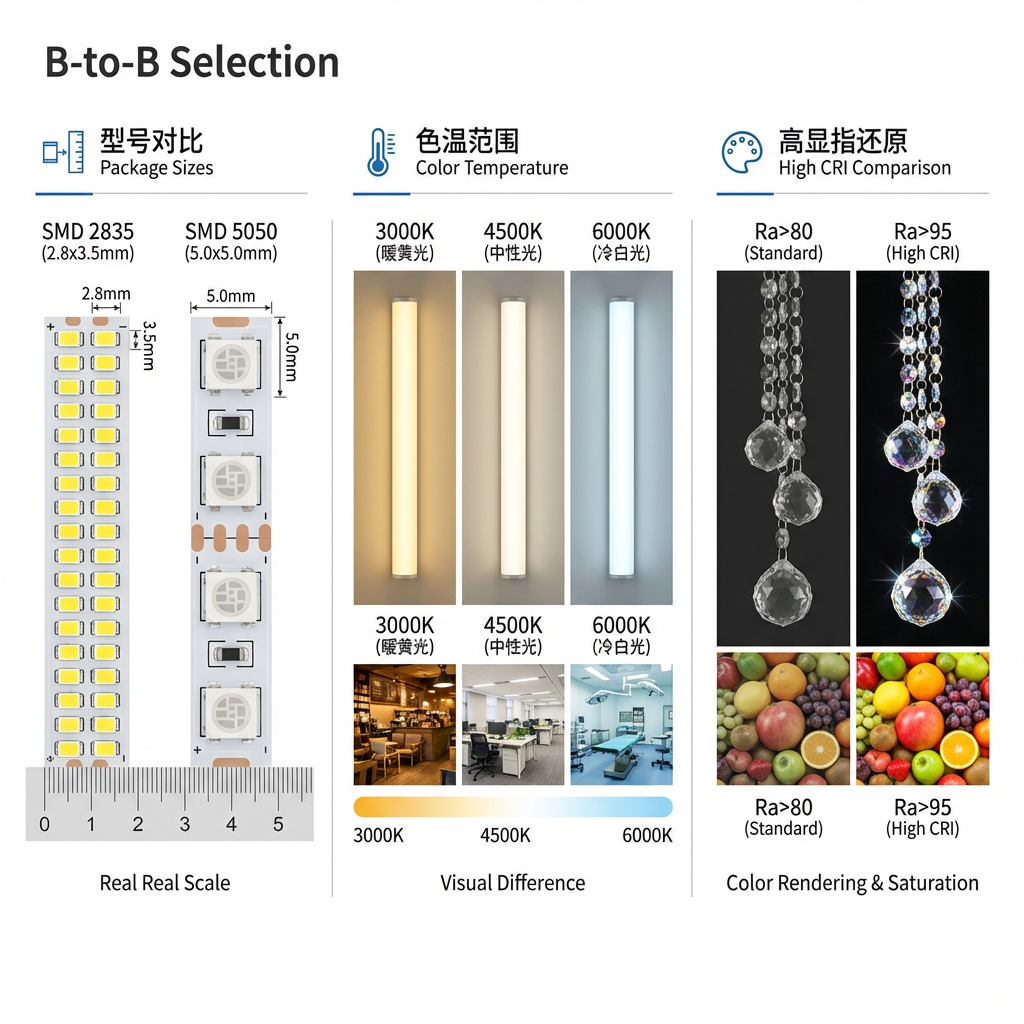 B端选型技术参数对比信息图,包含不同封装型号(SMD 2835, SMD 5050)、色温范围(3000K-6000K)和高显色指数(CRI>80与CRI>95)的视觉对比。