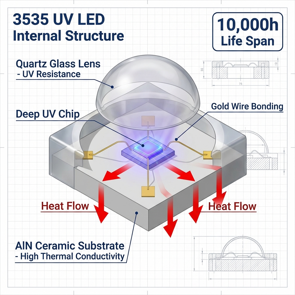 3535紫外线LED内部结构3D透视拆解图，展示氮化铝陶瓷基板、UVC芯片与石英玻璃透镜，并用热流箭头解释散热原理。