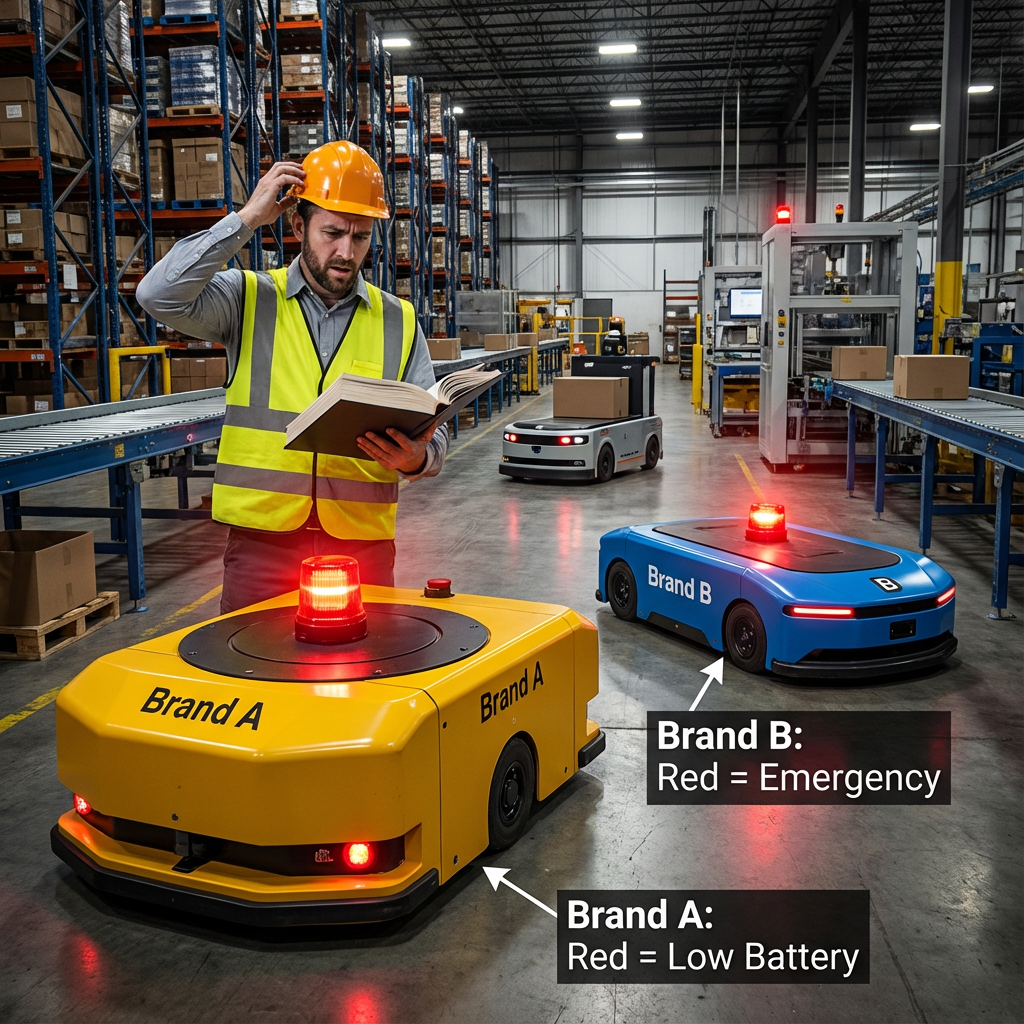 仓库内，多品牌AGV小车红灯含义不同导致操作员困惑，一台显示“低电量”，另一台显示“紧急”，凸显灯语不统一的效率低下和安全风险。