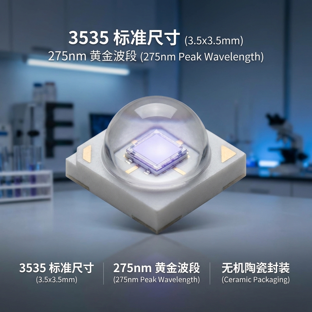 3535 UV-C LED 灯珠宏观特写，展示其3.5x3.5mm标准尺寸、275nm黄金波段和无机陶瓷封装，芯片发出深邃的淡紫色微光。