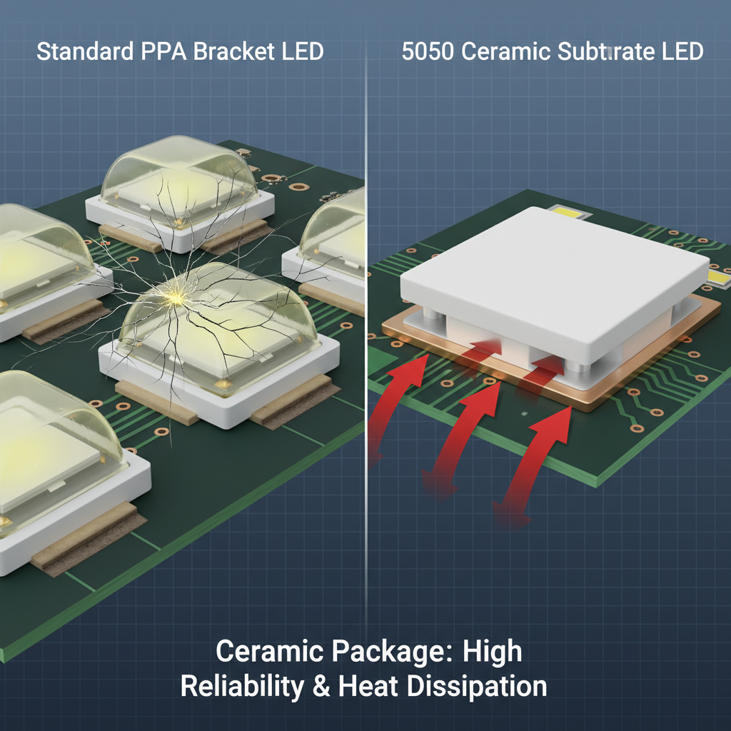 对比图显示PPA支架LED高温下胶体裂纹与陶瓷基板LED底部散热焊盘结构，突出陶瓷封装的高可靠性与散热优势