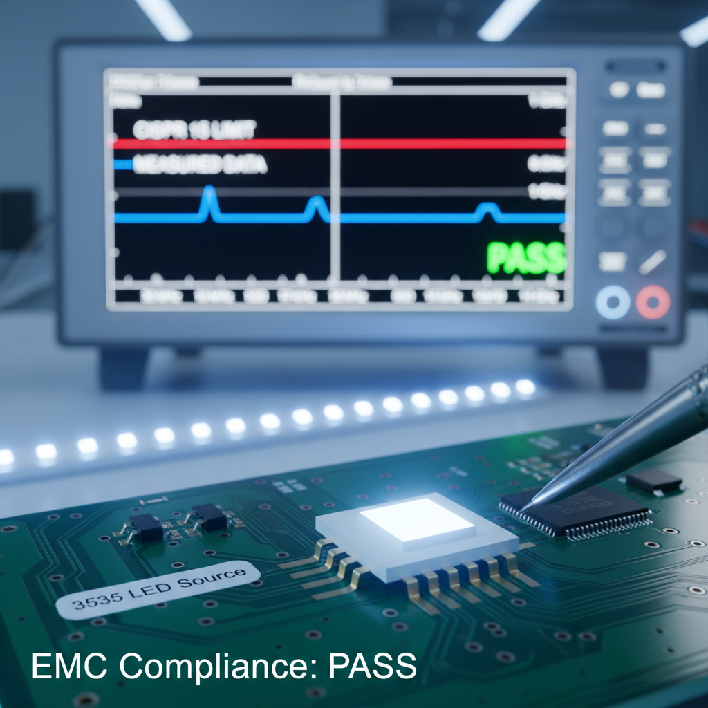 EMC实验室中，一颗3535陶瓷LED灯珠在PCB测试板上发光，背景频谱分析仪显示EMC测试通过，蓝线低于红线，强调3535 LED的EMC合规性