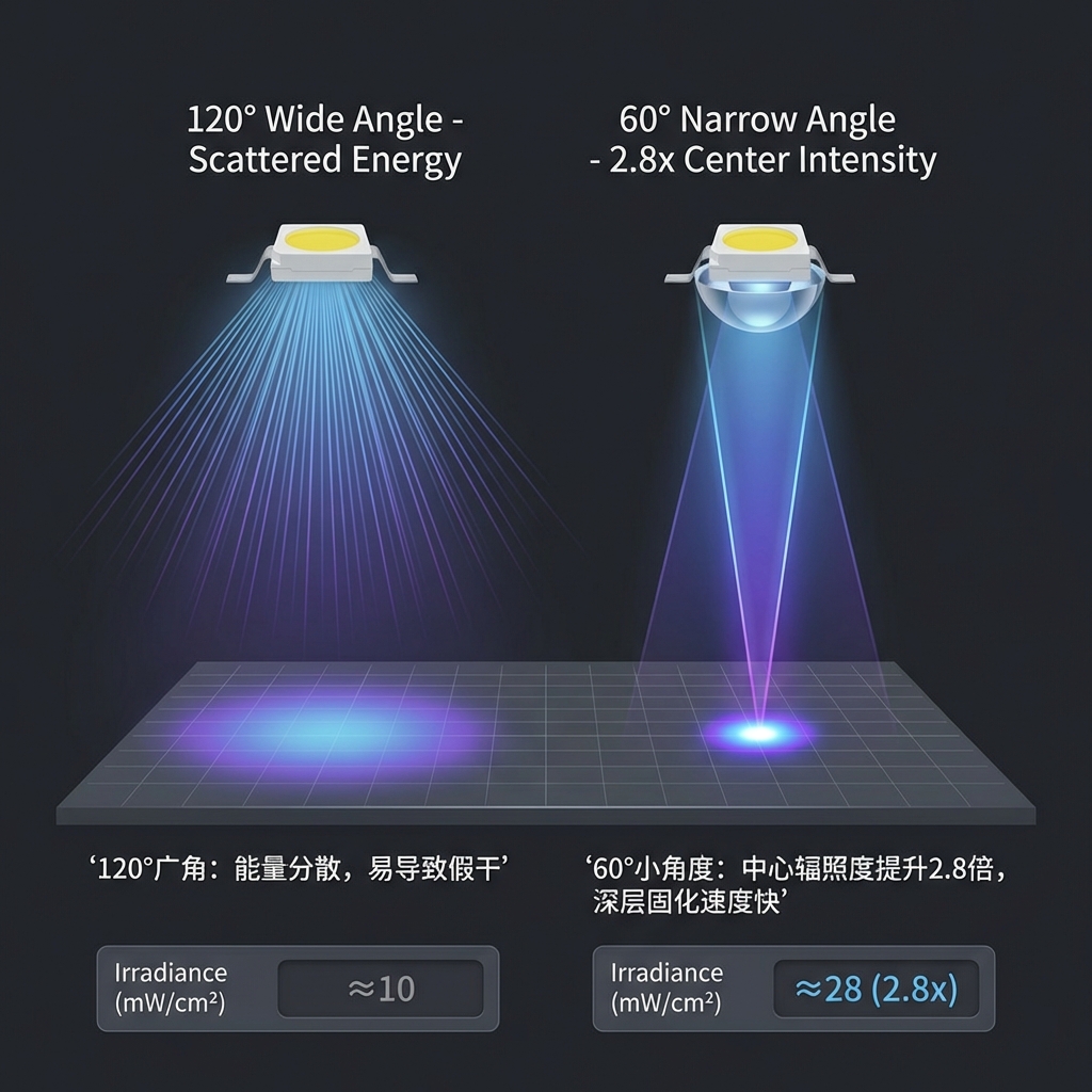 一张对比原理图，生动展示60度小角度与普通120度发光角度的能量分布差异。画面分为左右两部分：左侧显示一颗普通120度平头灯珠，光线像洒水喷头一样大范围散开，照射到下方平面上的光斑大而淡，标注文字‘120°广角：能量分散，易导致假干’；右侧显示文中提到的60度透镜灯珠，光线呈漏斗状聚拢，形成一个极亮、能量密度极高的中心光斑，光束侧面线条锐利，标注文字‘60°小角度：中心辐照度提升2.8倍，深层固化速度快’。背景为深灰色实验室风格，强调光线的对比度。图中包含关键数据‘Irradiance (mW/cm²)’的对比槽位。