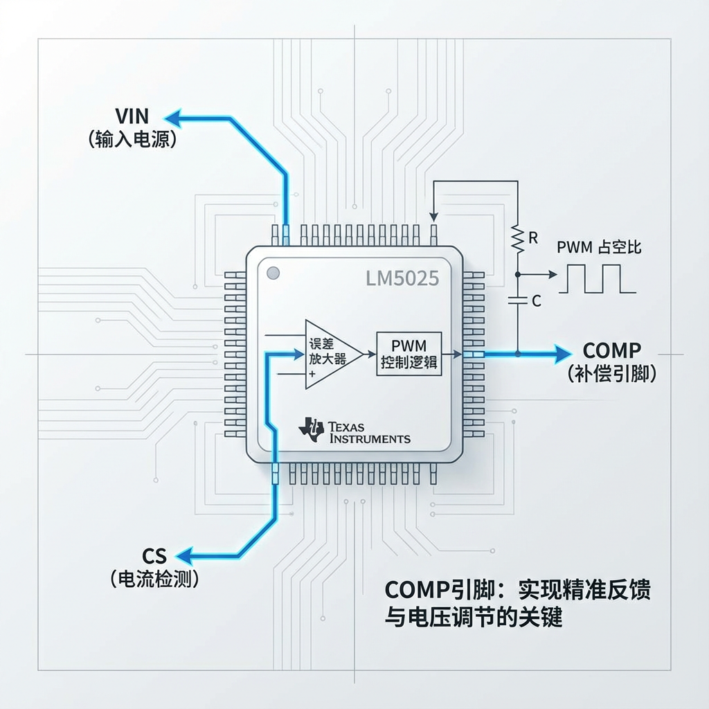 LM5025芯片俯视图，清晰展示引脚布局，高亮标注VIN、COMP、CS引脚。COMP引脚旁叠加逻辑示意图，展示反馈信号通过RC补偿网络进入芯片并转化为PWM占空比。图注：‘COMP引脚：实现精准反馈与电压调节的关键’。