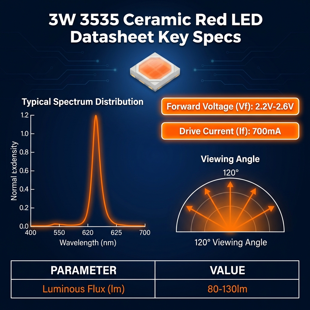 3W 3535陶瓷红光LED灯珠技术参数可视化海报，展示620-625nm光谱、电压电流、120度发光角度及光通量数据。