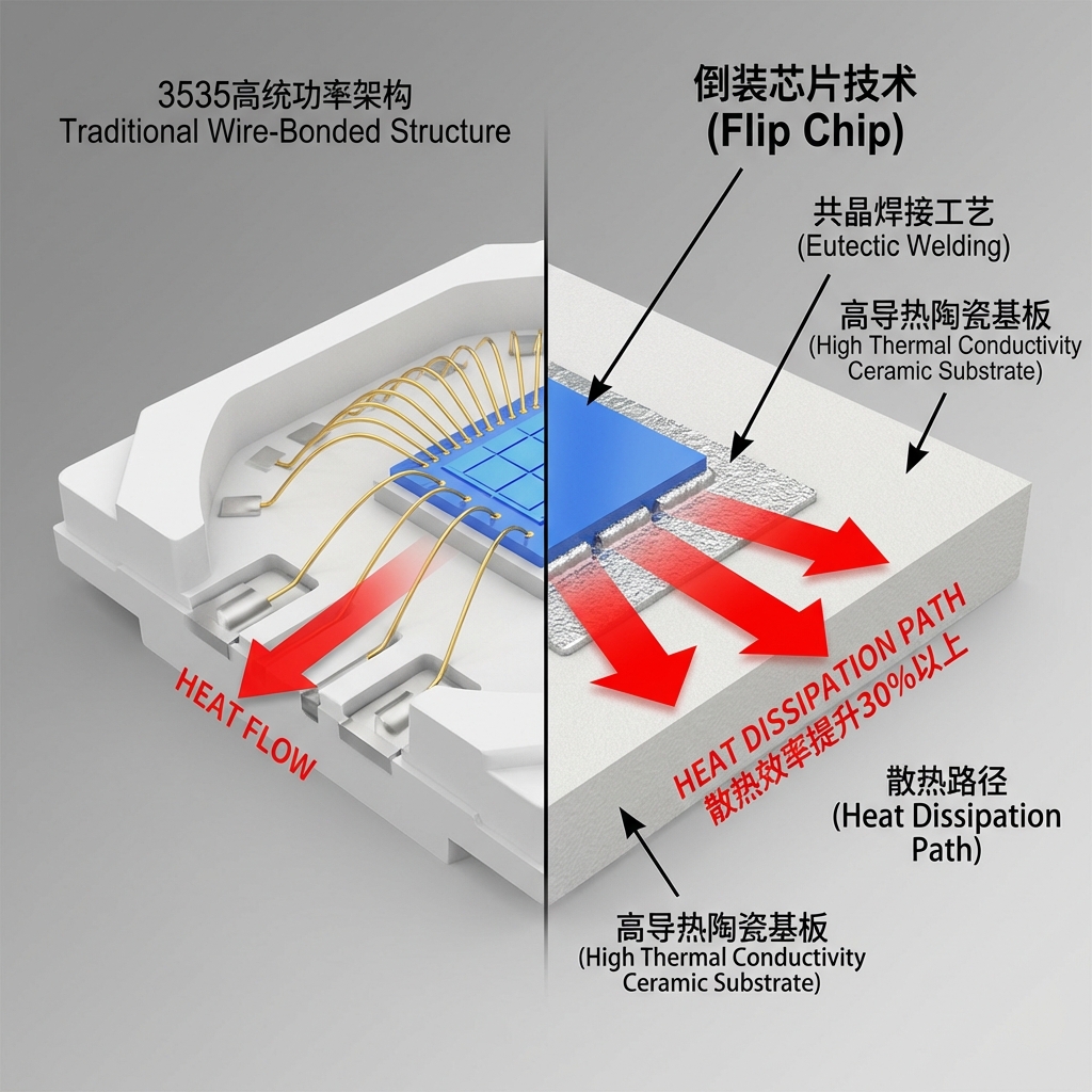3535大功率LED内部结构对比图，左侧为传统金线连接，右侧为倒装芯片（Flip Chip）技术。右侧剖面图清晰展示芯片直接通过共晶焊接工艺扣在高导热陶瓷基板上，热流箭头演示了热量直接传导路径，凸显散热效率提升。